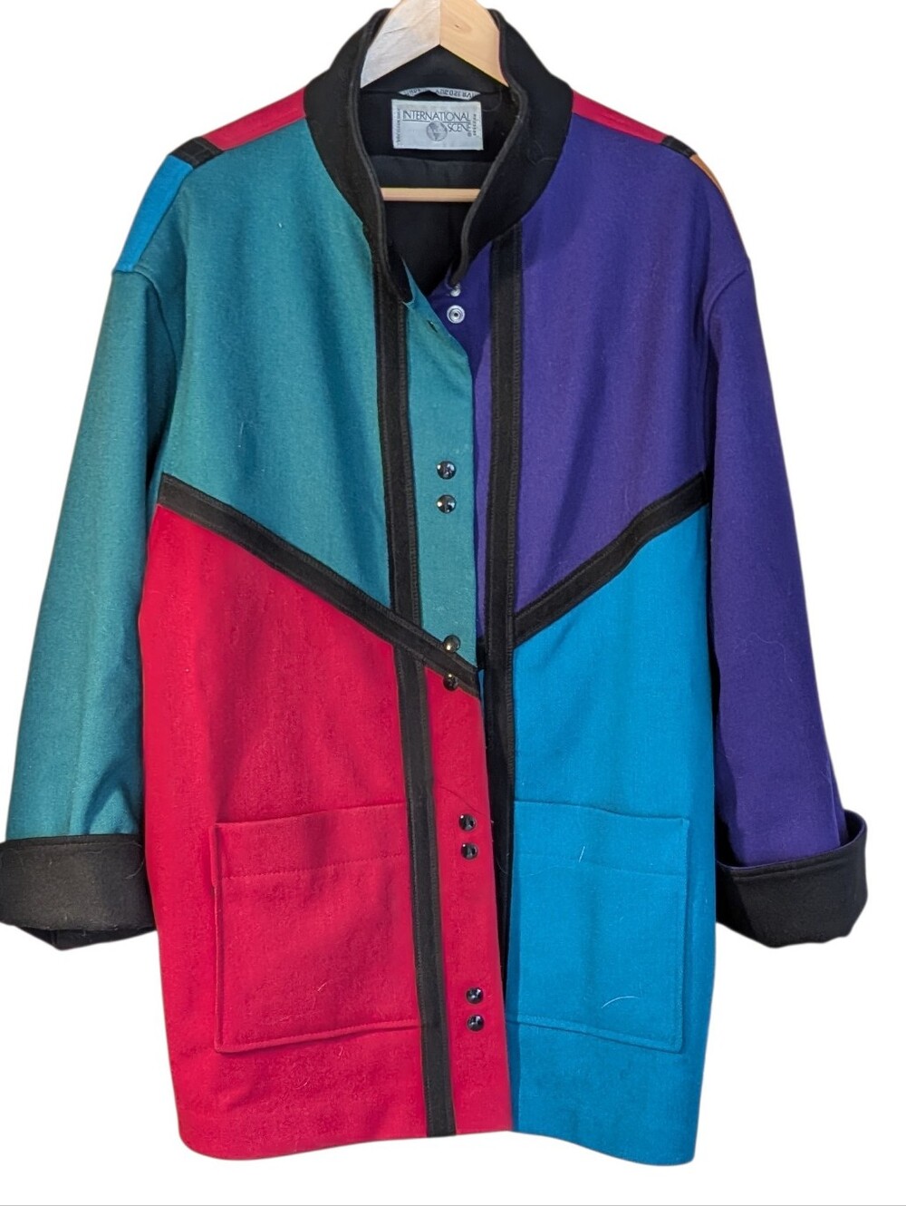 International Scene Colorblock Wool Coat Large Vintage 80s Colorful Retro Cozy - Picture 2 of 6